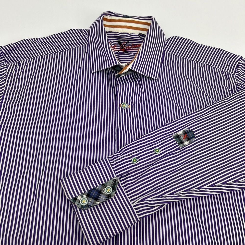 Robert Graham X Shirt Men Large Purple White Stripes Long Sleeve Button Up